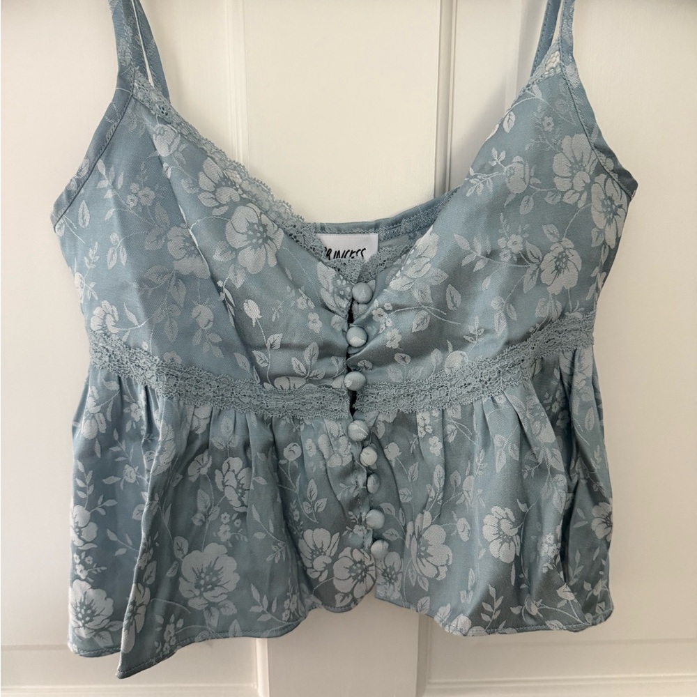 Delicate Floral Lace Trim Top in Blue